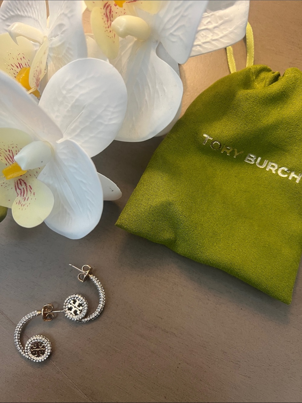 Tory Burch Gold Logo Crystal Crescent Stud Earrings - Picture 4 of 4